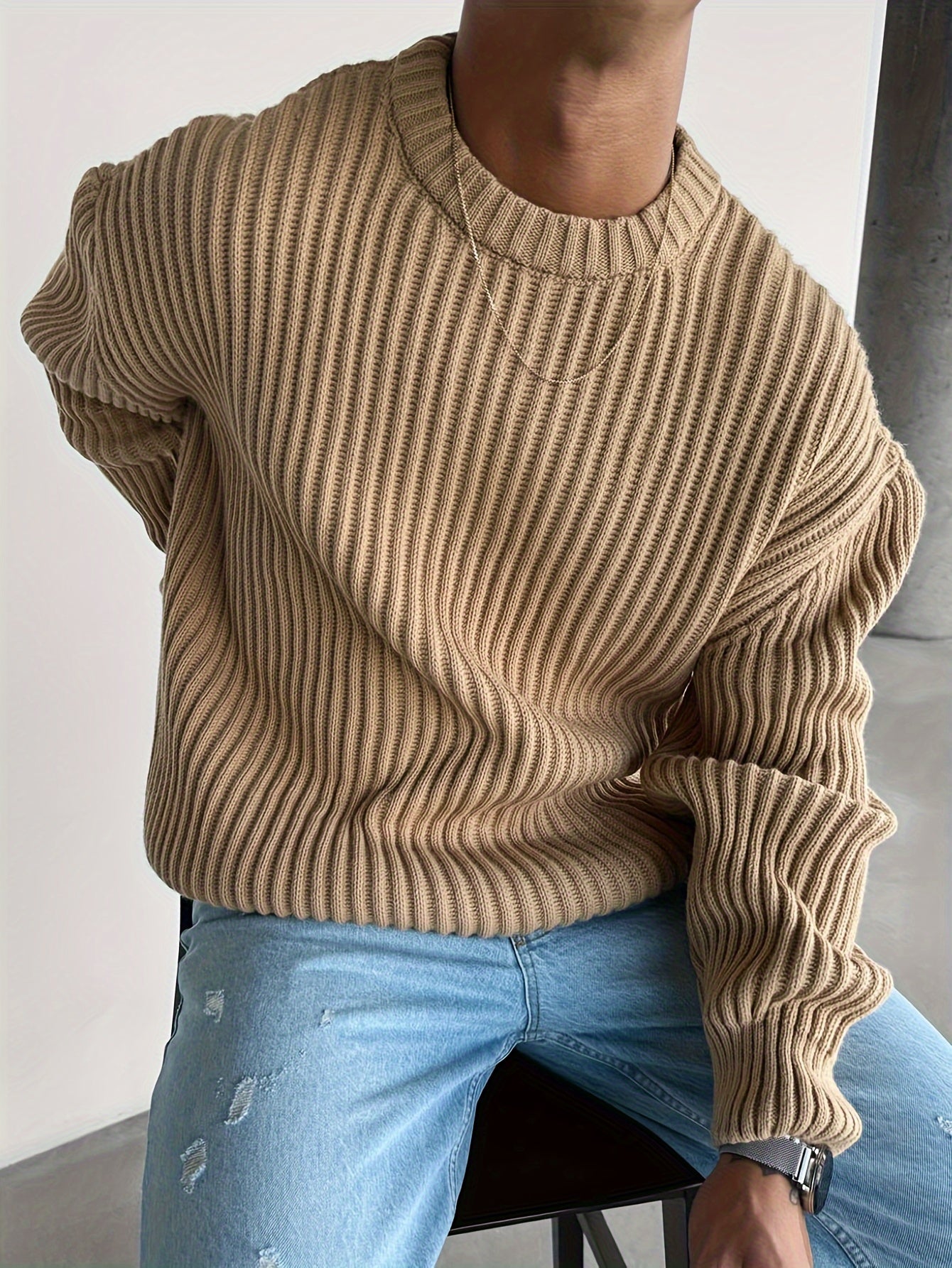 Men's Casual Crew Neck Long Sleeve Chunky Knit Sweater - Soft Polyester, Perfect for Fall/Winter, Plus Size Sweaters
