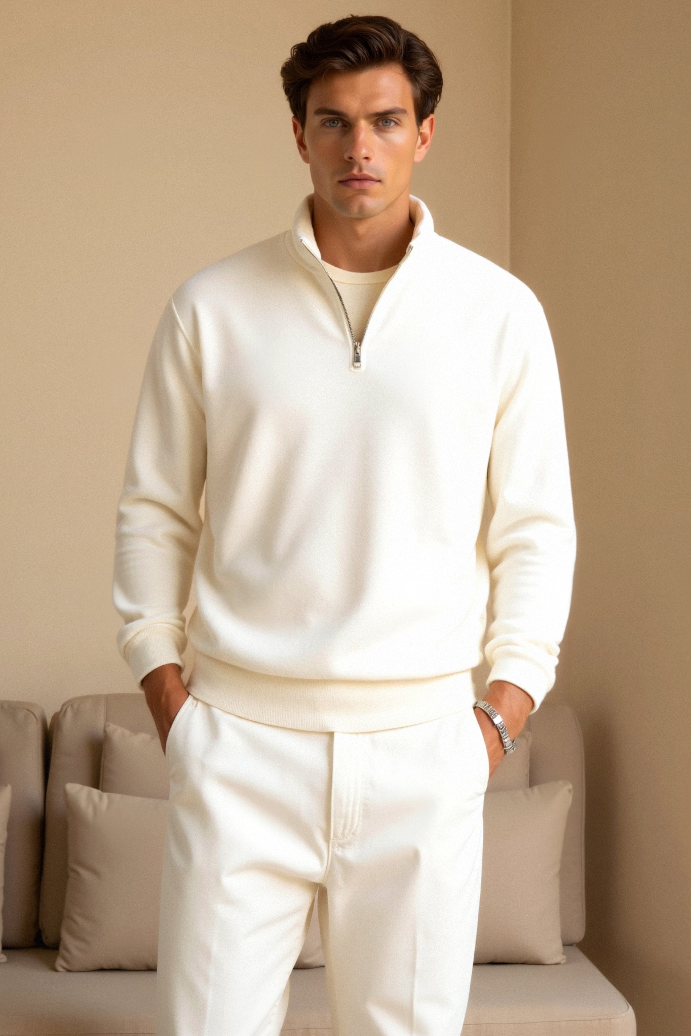 European Zippered Sweater White