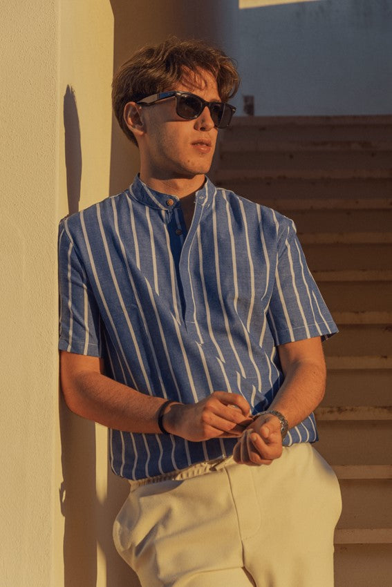 Short-sleeved summer shirt with blue stripes