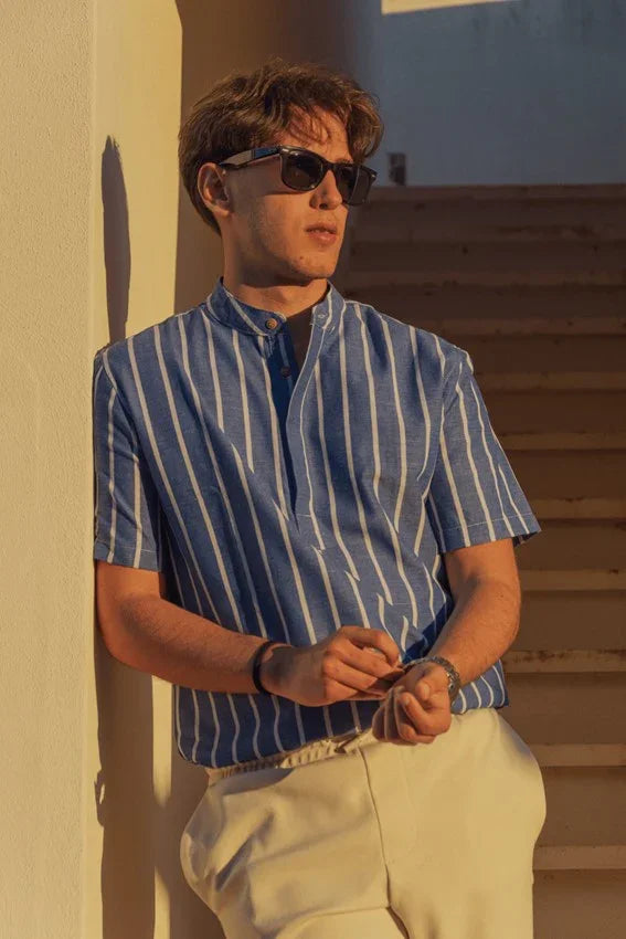 Short-sleeved summer shirt with blue stripes