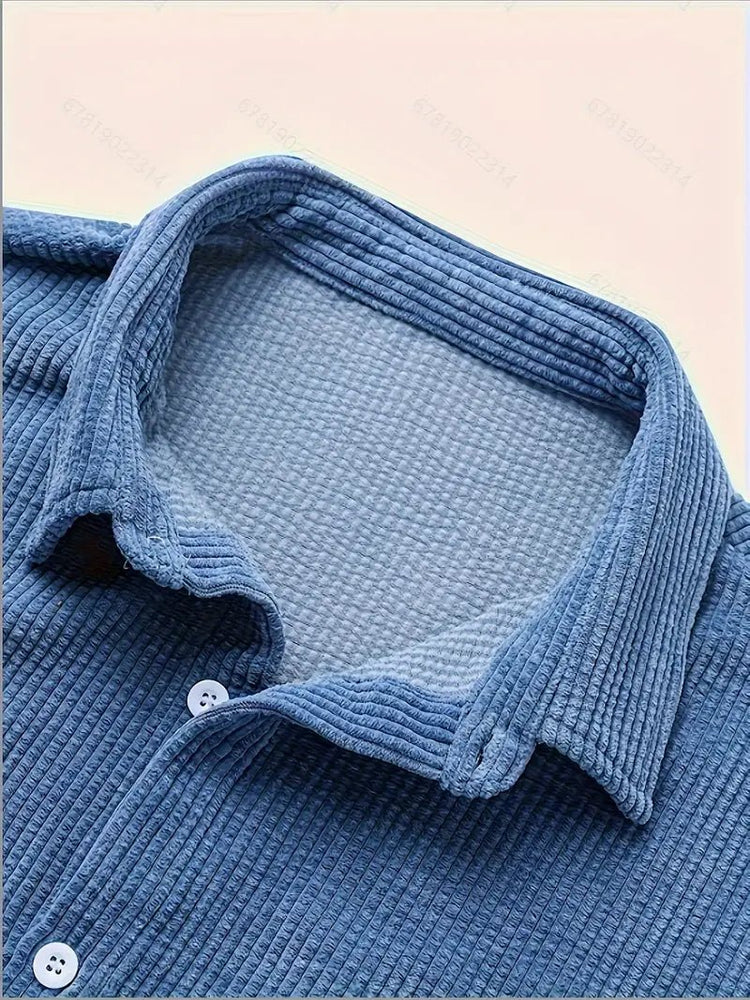 Blue Corduroy Short Sleeve Button Down Shirt
