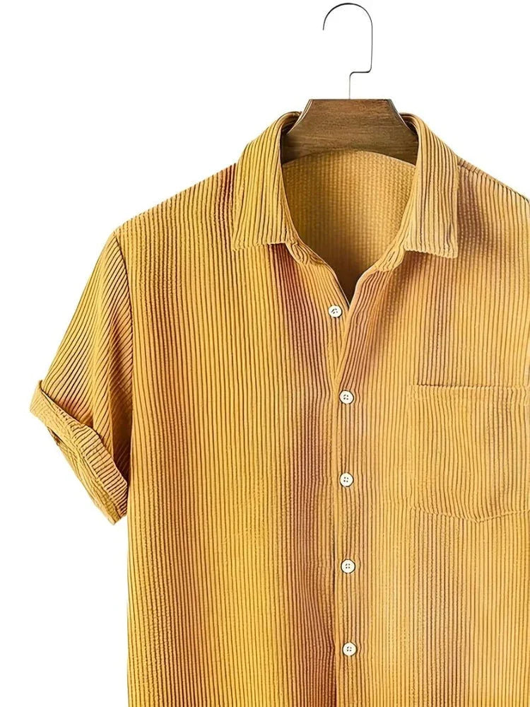 Yellow Corduroy Short Sleeve Button Down Shirt