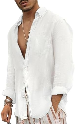 Camisa de linho vintage de manga comprida branca