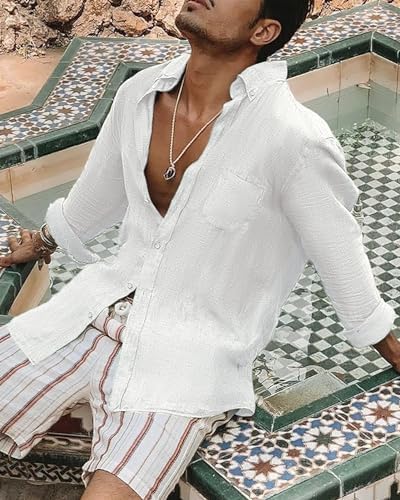 Camisa de linho vintage de manga comprida branca