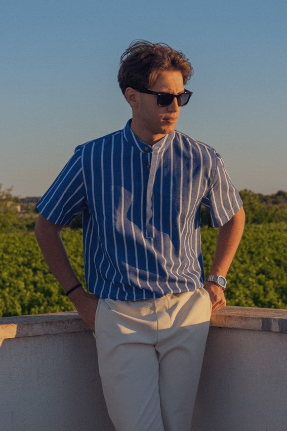 Short-sleeved summer shirt with blue stripes